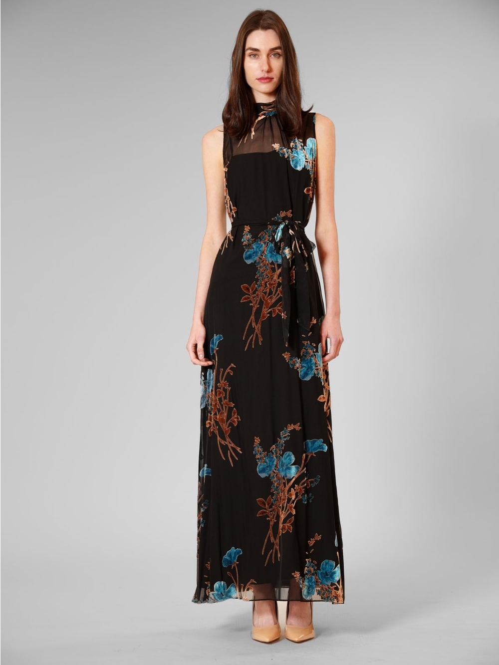 Julia Jordan Tie Neck Velvet Print Overlay Maxi Dress Size 8 Black Blue